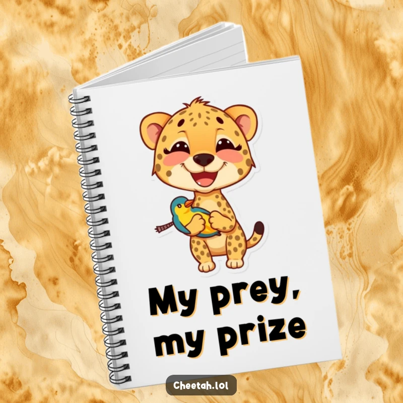 Funny cheetah notebook cover showing a smiling cheetah holding a small, colorful bird, ideal for jotting down humorous thoughts.