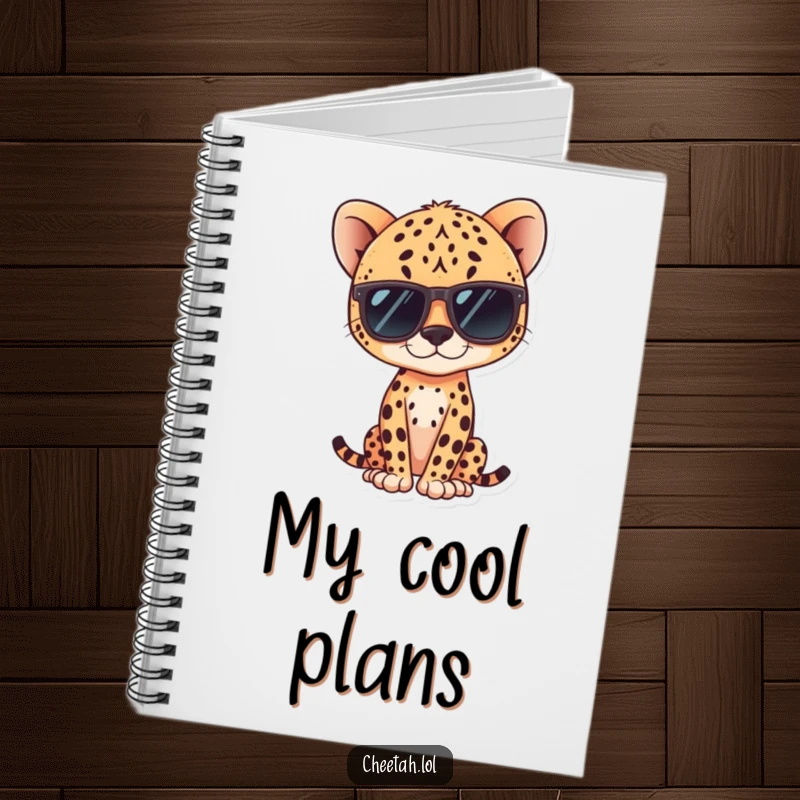 Funny kawaii cheetah wearing sunglasses, posing confidently on a notebook, ideal for journaling.