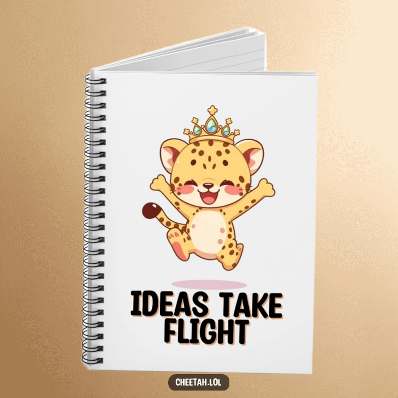 Funny Notebook featuring a cheetah cub in a sparkling tiara, in a dynamic leaping pose, designed for jotting down bright ideas and joyful plans.