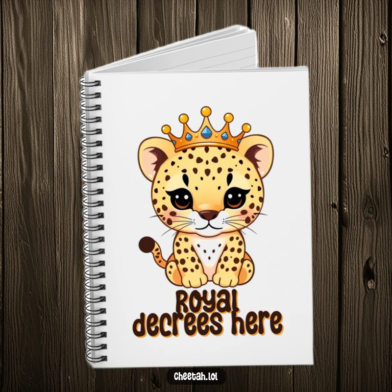 Funny Notebook with a distinguished cheetah cub wearing a sparkling crown, its spots shining, designed for jotting down funny royal thoughts and plans.