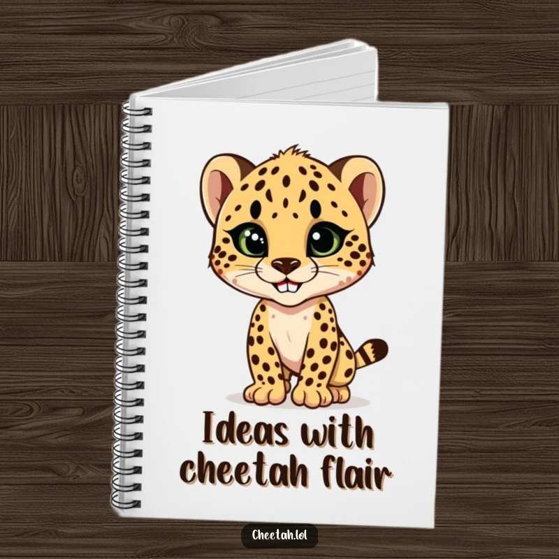 Funny cheetah cub striking a sleek, stylish pose with a confident grin, a humorous and practical notebook for stylish minds.