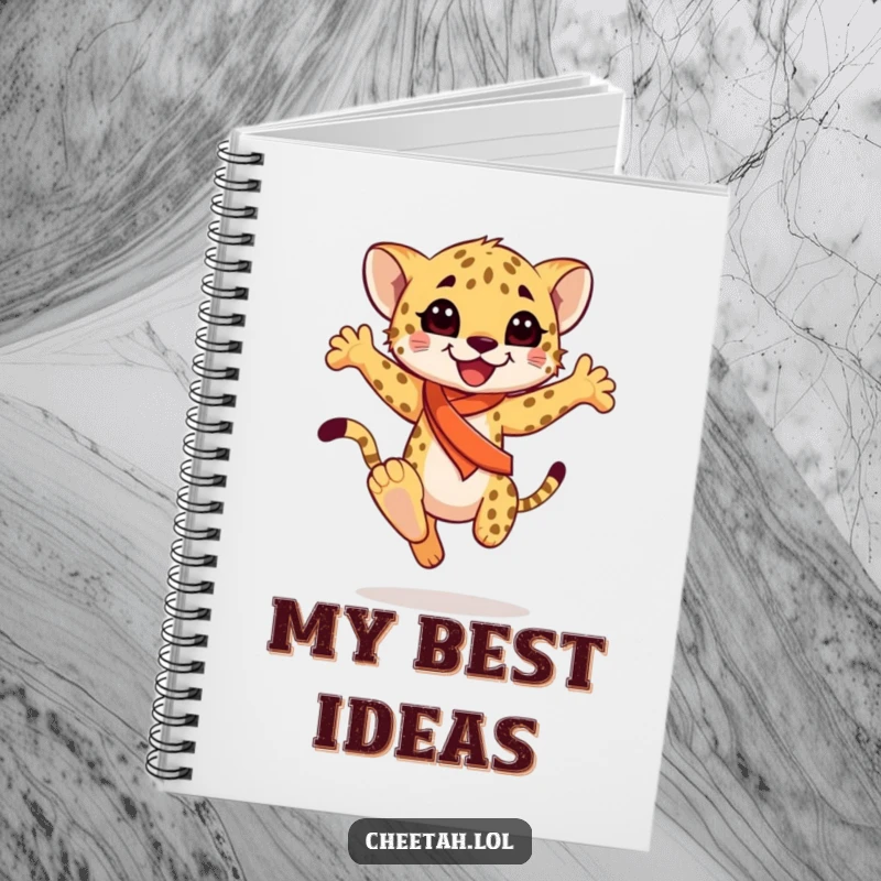 Funny happy cheetah cub wearing a sash, mid-graceful leap, on the cover of a notebook, for capturing ideas with elegance, a funny gift.