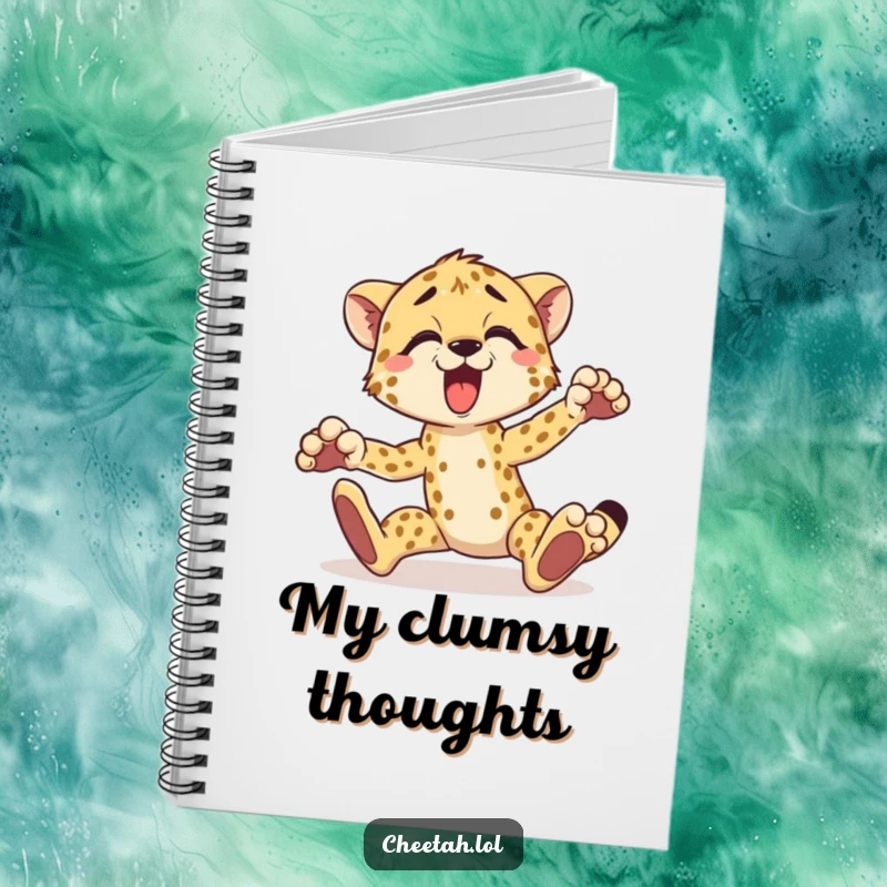 Funny cheetah notebook with a surprised cheetah tripping over its paws, ideal for journaling and note-taking.
