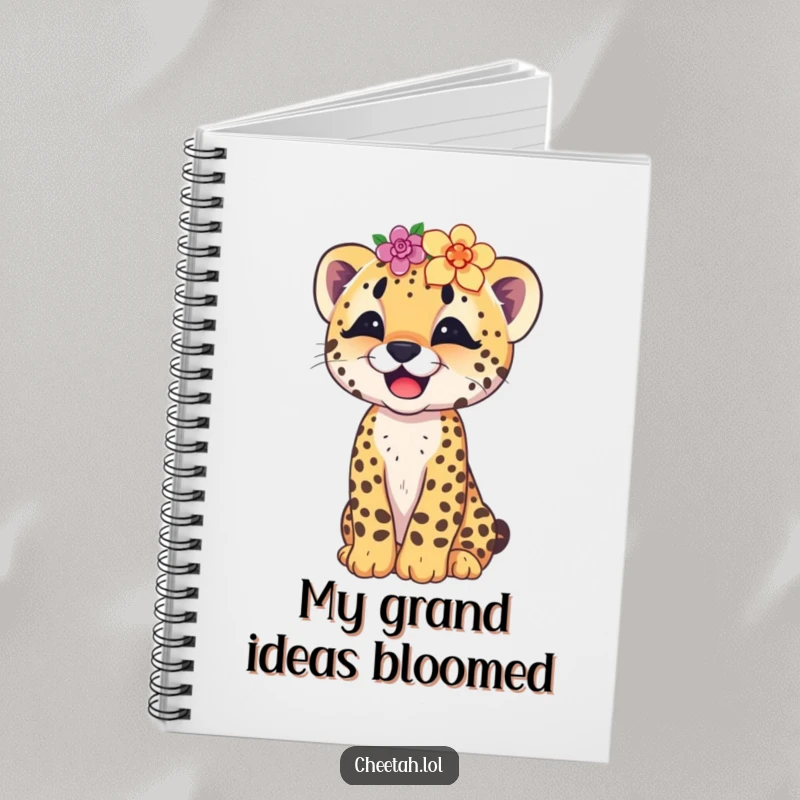 Funny notebook with a delightful cheetah cub wearing a flower crown, captured mid-giggle, ready for notes and doodles.