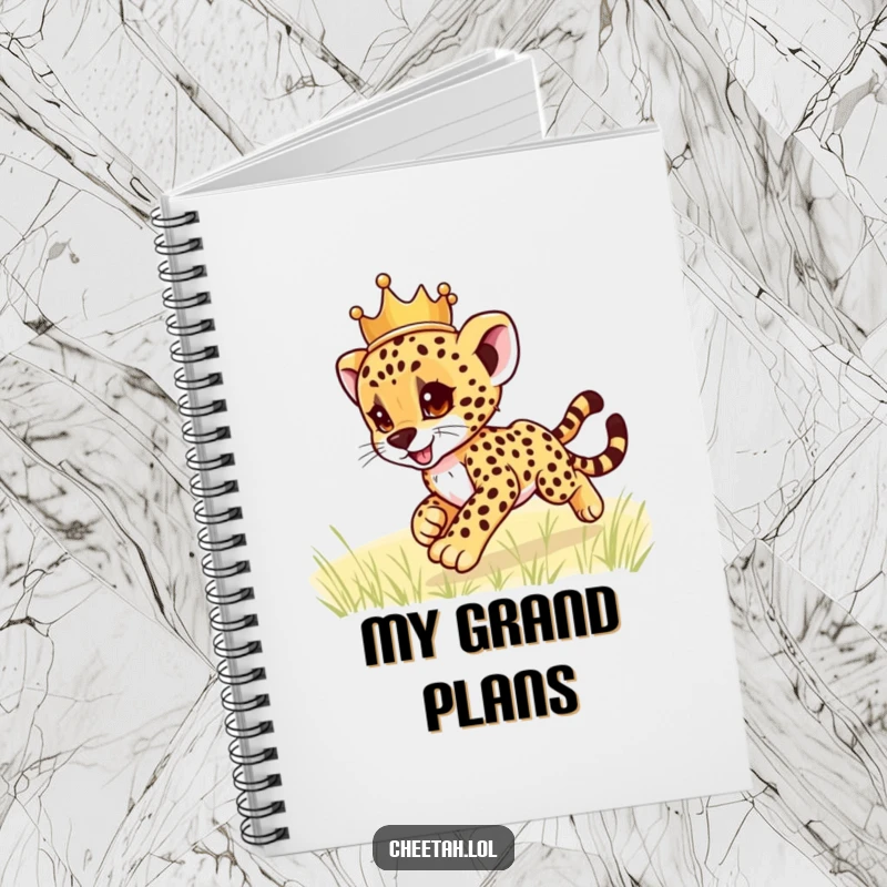 Funny cheetah cub wearing a crown, zooming playfully, on the cover of a notebook, for jotting down ideas with humor, a funny gift.