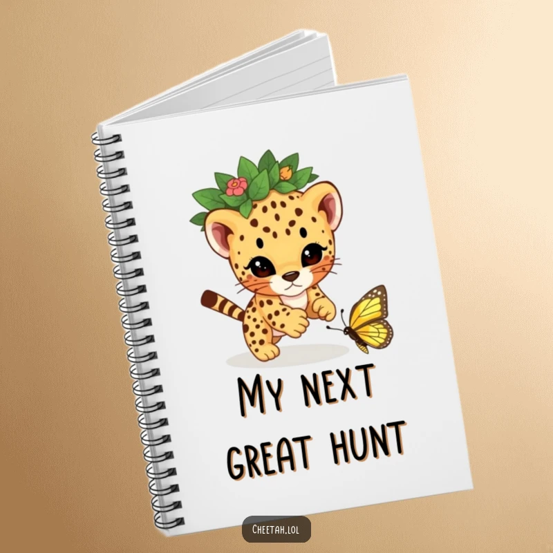 Funny cheetah cub wearing a leaf crown, playfully pouncing on a butterfly, designed on a notebook cover for jotting down notes with a smile.