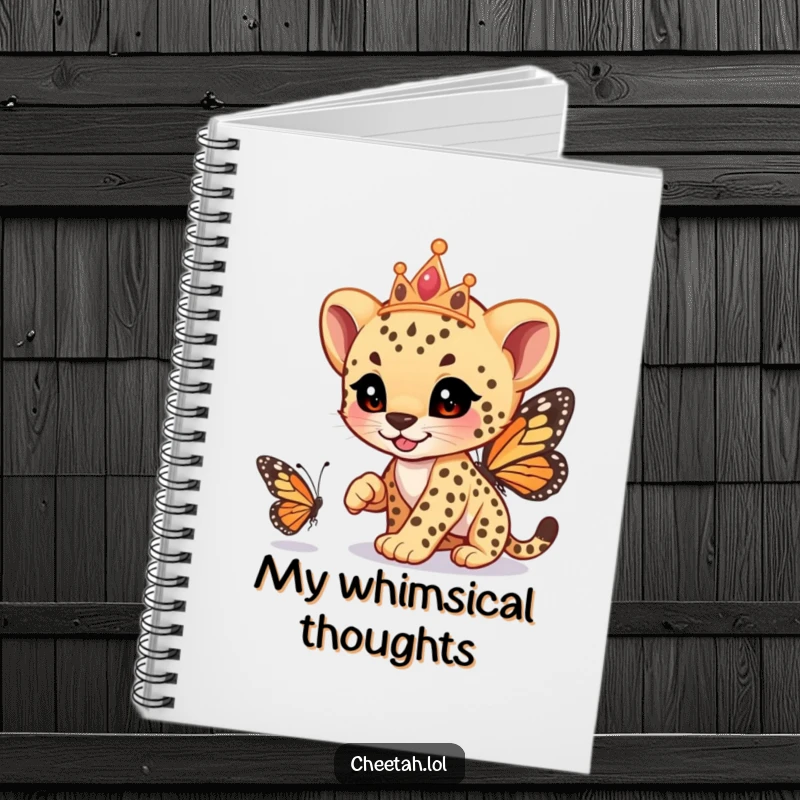 Funny cheetah cub wearing a tiara, playfully racing a butterfly, on the cover of a notebook, for jotting down ideas with humor, a funny gift.