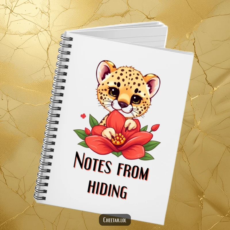 Funny notebook featuring a cheetah cub playfully peeking from behind a red flower, ideal for capturing notes and ideas with charm.