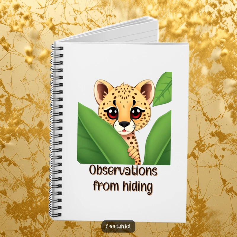 Funny cheetah with large, curious eyes peeking from behind a giant spotted leaf, designed on a notebook cover for jotting down notes with a smile.