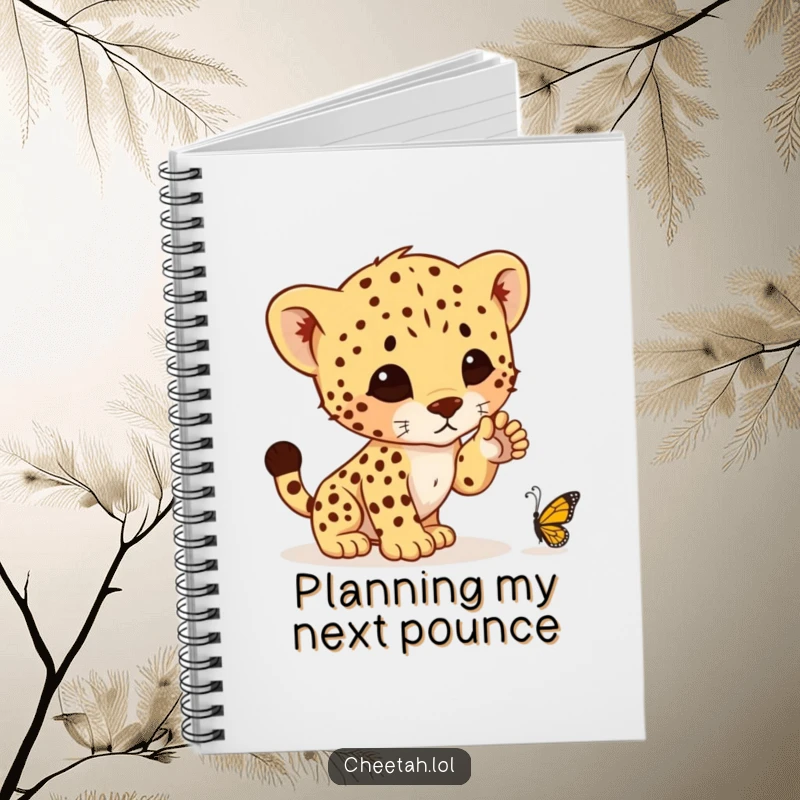 Funny notebook featuring a cheetah cub ready to pounce on a butterfly, perfect for jotting down notes with a side of humor.