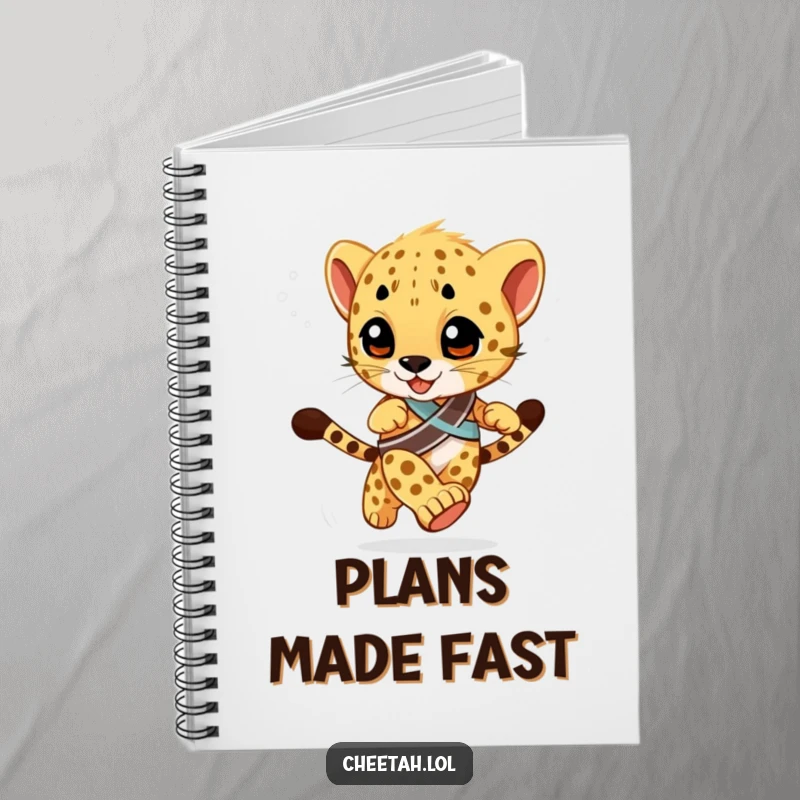 Funny Notebook featuring a cheetah cub with a winner's sash, in a racing pose with blurred background, for jotting down speedy ideas.