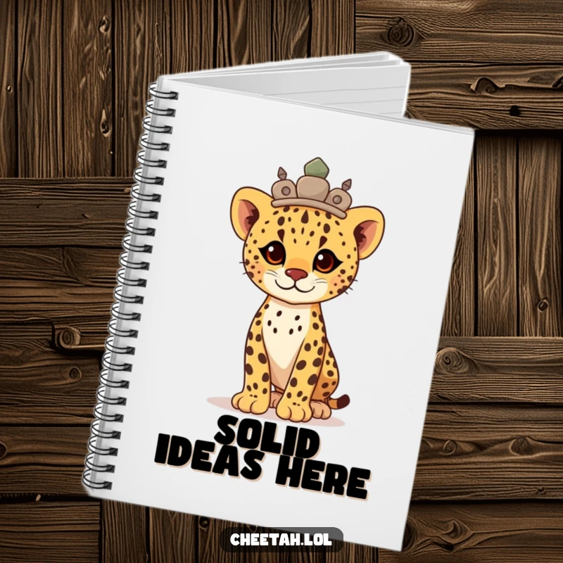 Funny proud cheetah cub wearing a stone crown, standing tall, this notebook inspires strong ideas.
