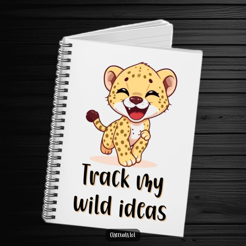 Funny notebook cover with a cheetah cub gleefully chasing its tail, perfect for jotting down funny notes or creative ideas.