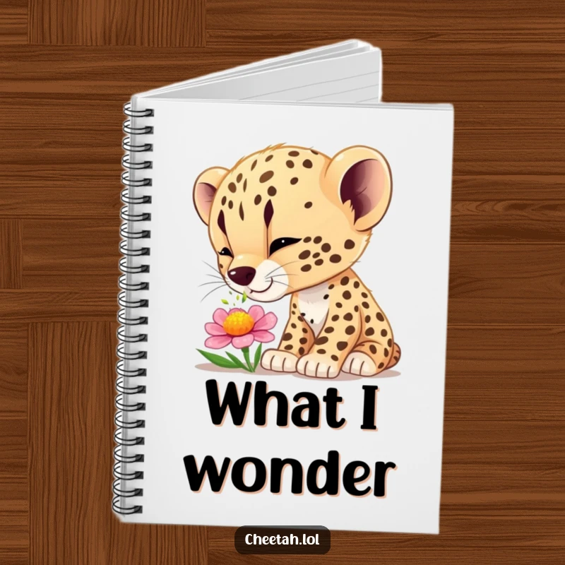 Funny cheetah cub wonder notebook featuring a curious cub smelling a flower, ideal for jotting down ideas with wonder.