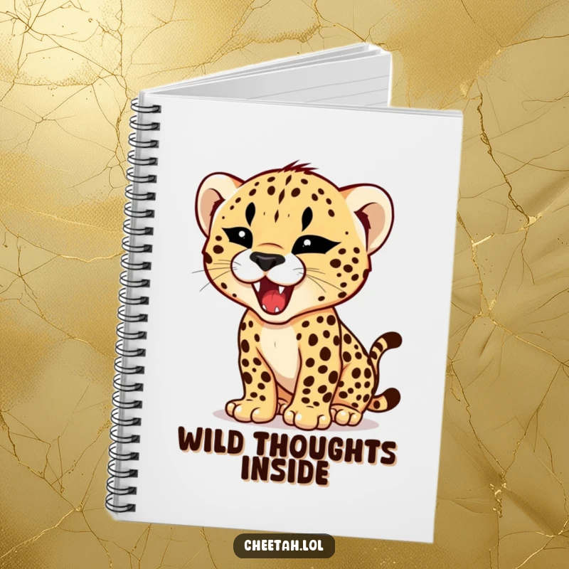 Funny notebook cover with a cheetah cub practicing its roar with a tiny, fierce expression, inspiring humorous and fierce writing.