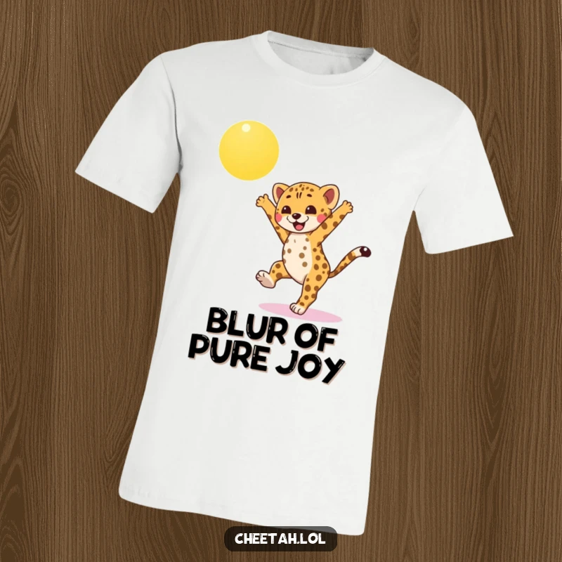 Funny cheetah cub wearing a t-shirt, doing a cartwheel under a bright sun, conveying athletic fun and boundless energy for a funny gift.