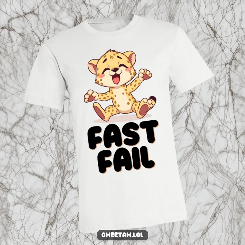 Funny cheetah t-shirt depicting a surprised cheetah comically tripping over its paws, great for casual wear.