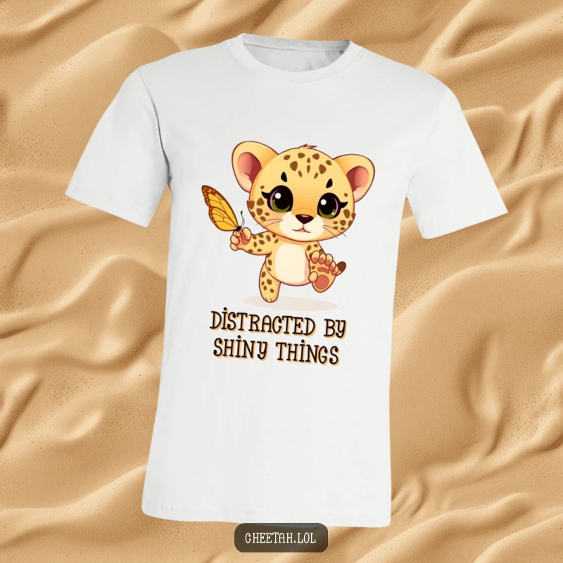 Funny cheetah cub playfully chasing a butterfly with wide eyes, a playful and innocent design for a humorous t-shirt.