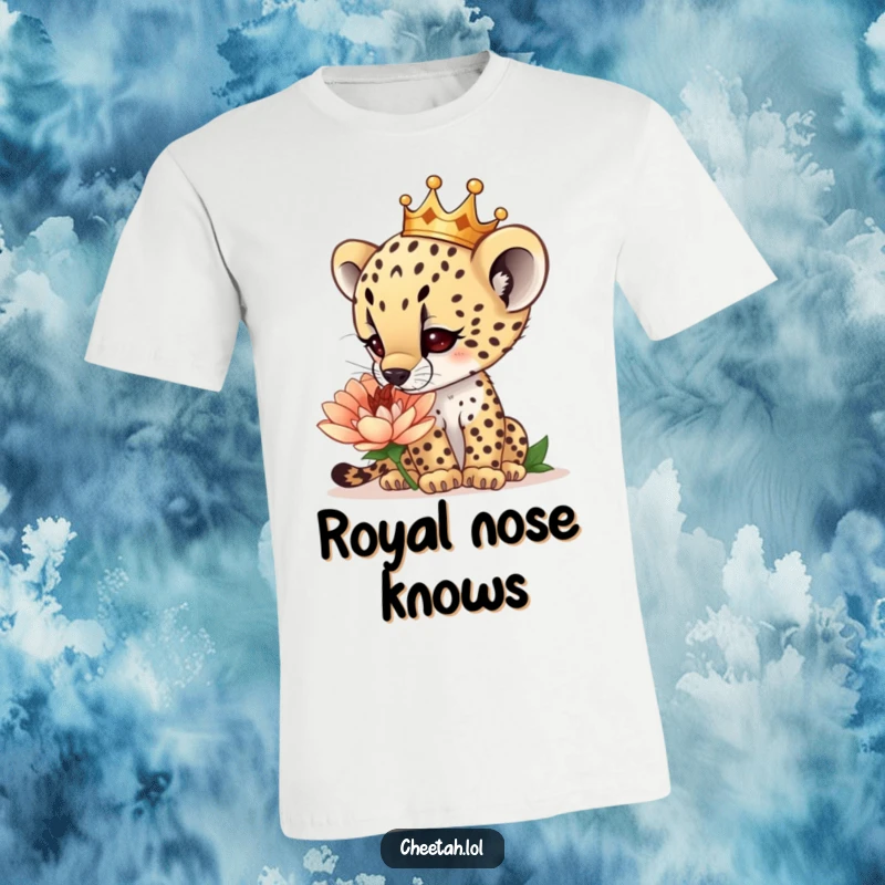 Funny curious cheetah cub wearing a tiny crown, sniffing a giant flower, on a soft t-shirt, promoting exploration, a fantastic funny gift.