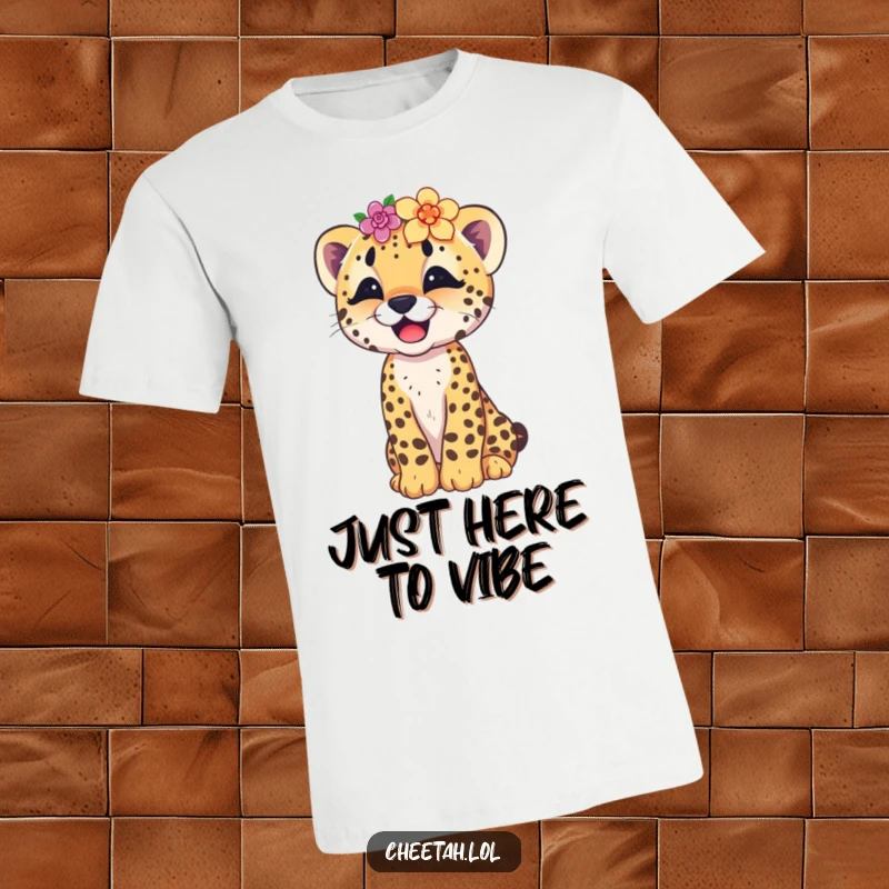 Funny t-shirt design of a playful cheetah cub giggling heartily, adorned with a cute, askew flower crown, ready for adventure.