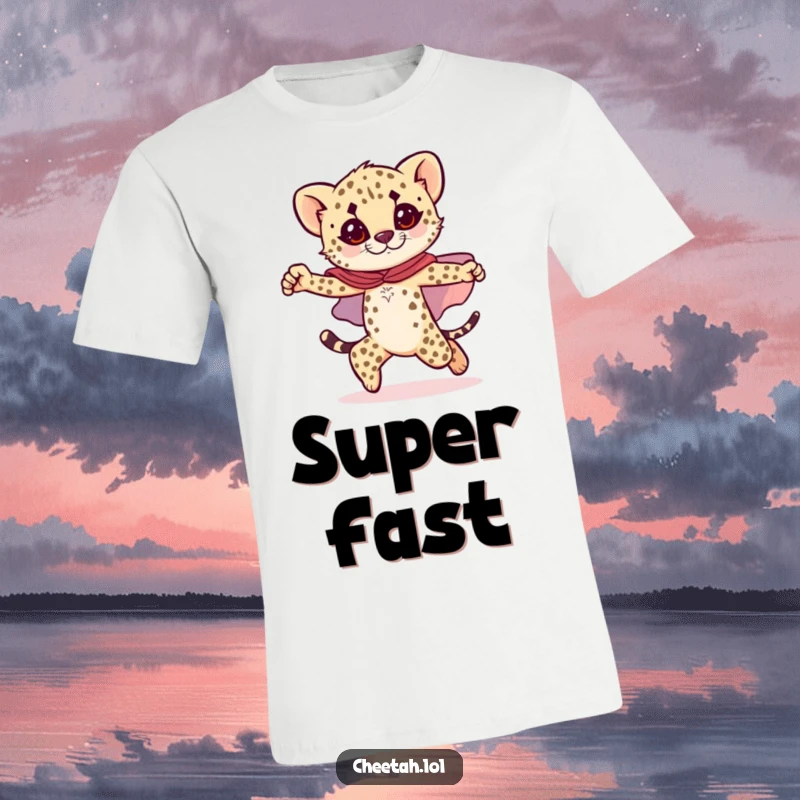 Funny cheetah cub t-shirt featuring a cub in a sparkly cape, striking a heroic pose mid-stride, embodying bravery.