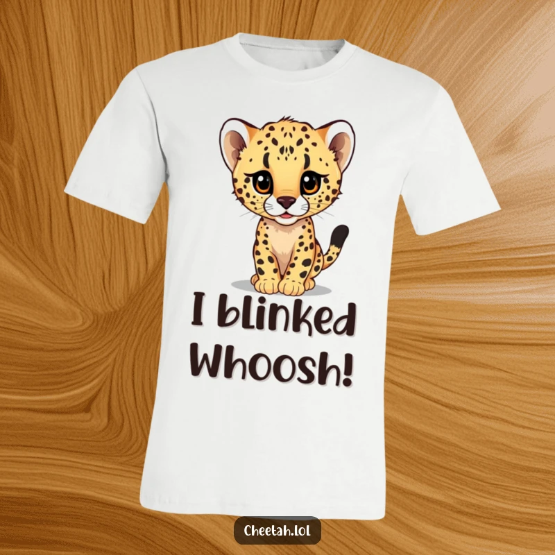 Funny t-shirt design of a cute cheetah cub peeking curiously from behind a dynamic, giant speeding blur, full of energy.