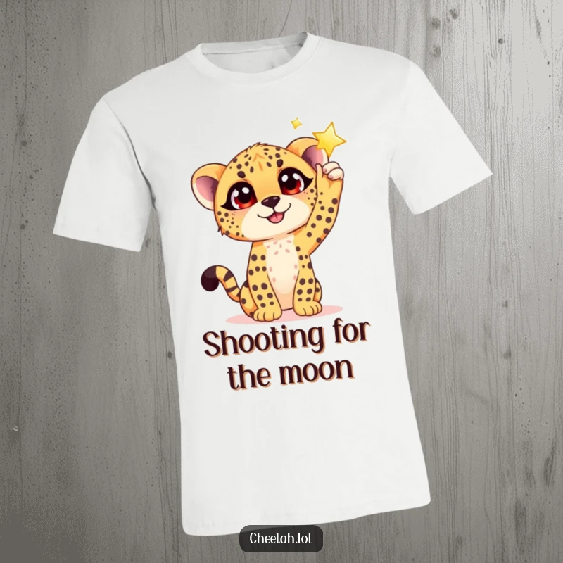 Funny t-shirt design of an adorable cheetah cub with big, joyful eyes reaching enthusiastically for a bright, shimmering star.