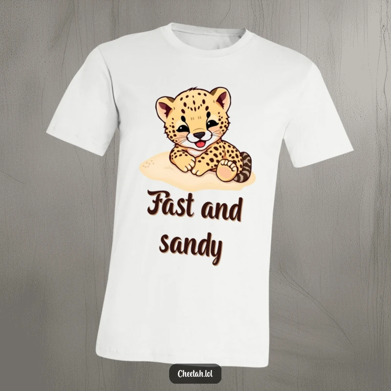 Funny Cheetah Cub T-Shirt: A vibrant tee featuring a cheetah cub joyfully rolling in the sand, full of playful spirit.