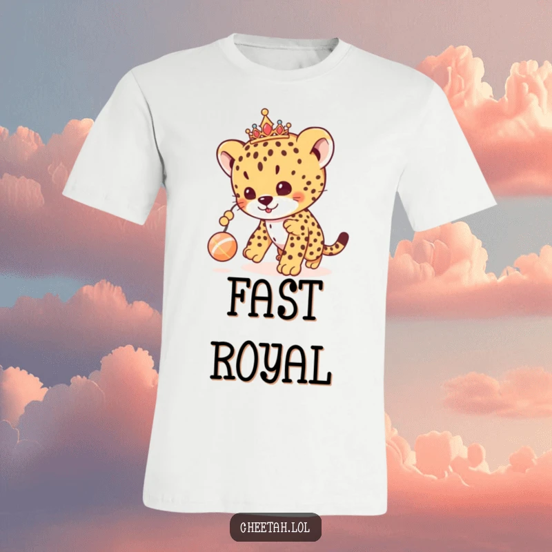 Funny cheetah cub t-shirt featuring a cub wearing a tiara, playfully chasing a dangling toy ball, embodying cute royalty.