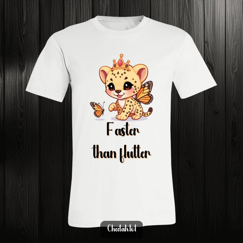 Funny cheetah cub wearing a tiara, playfully chasing a butterfly, on a soft t-shirt, promoting fun, a fantastic funny gift.