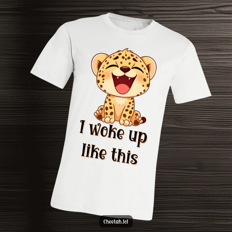 Funny t-shirt depicting a cheetah cub mid-yawn, showing off a comically large, happy smile and relaxed, playful demeanor.