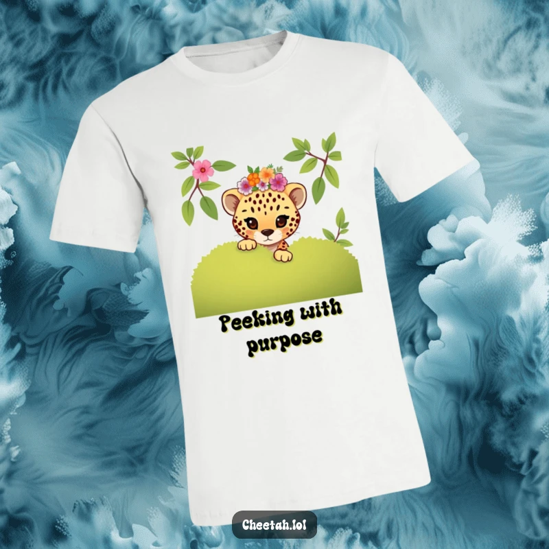 Funny mischievous cheetah cub wearing a floral crown peeking from behind a bush on this playful t-shirt.