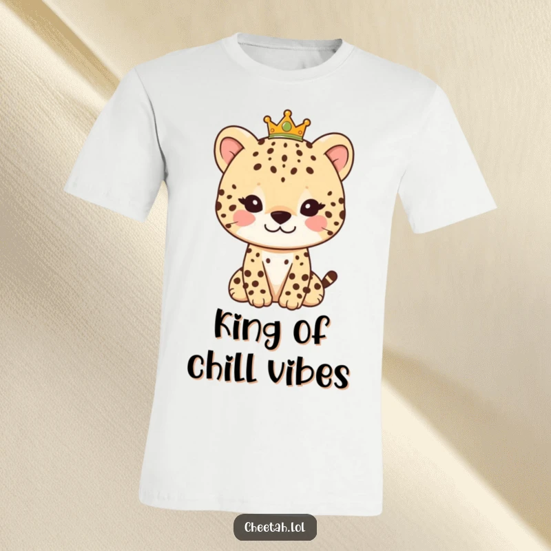 Funny t-shirt design of a friendly cheetah character with a soft smile and a tiny, cute crown, exuding gentle authority.