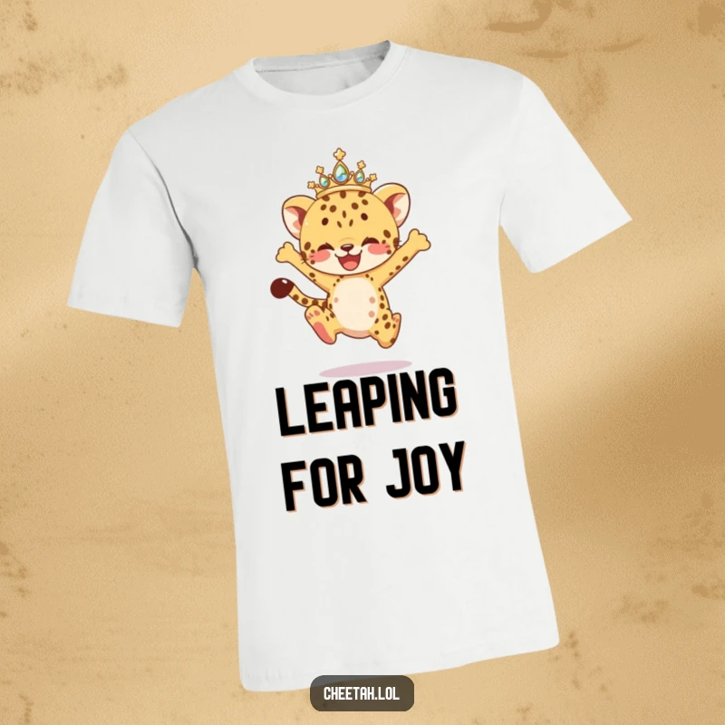 Funny T-Shirt featuring a cheetah cub in a sparkling tiara, captured mid-air during a joyful, energetic leap, full of happiness and fun.