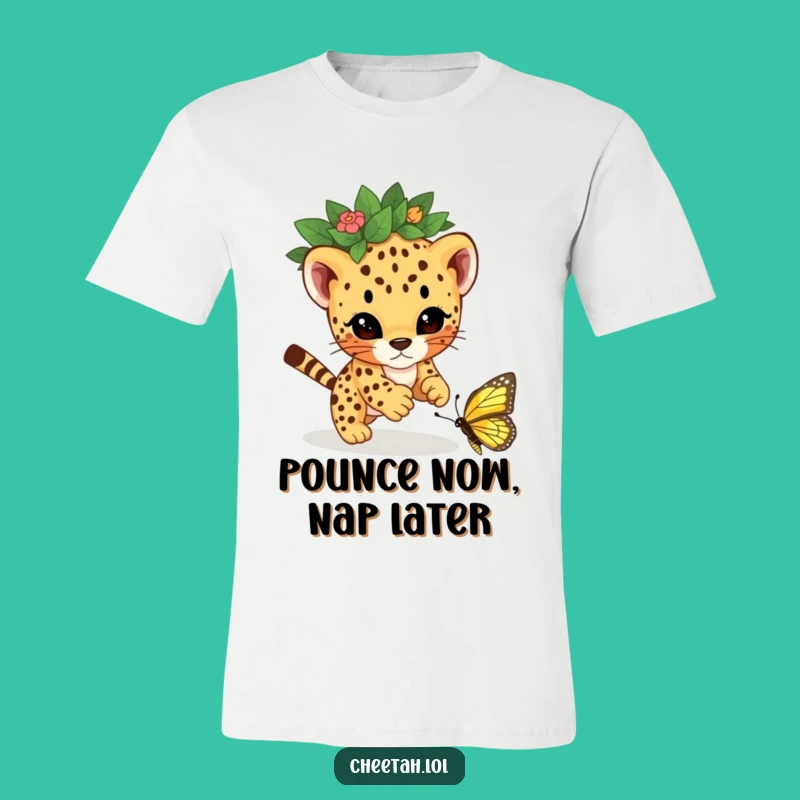 Funny Cheetah Cub Pouncing Butterfly T-Shirt - Adorable Leaf Crown Tee