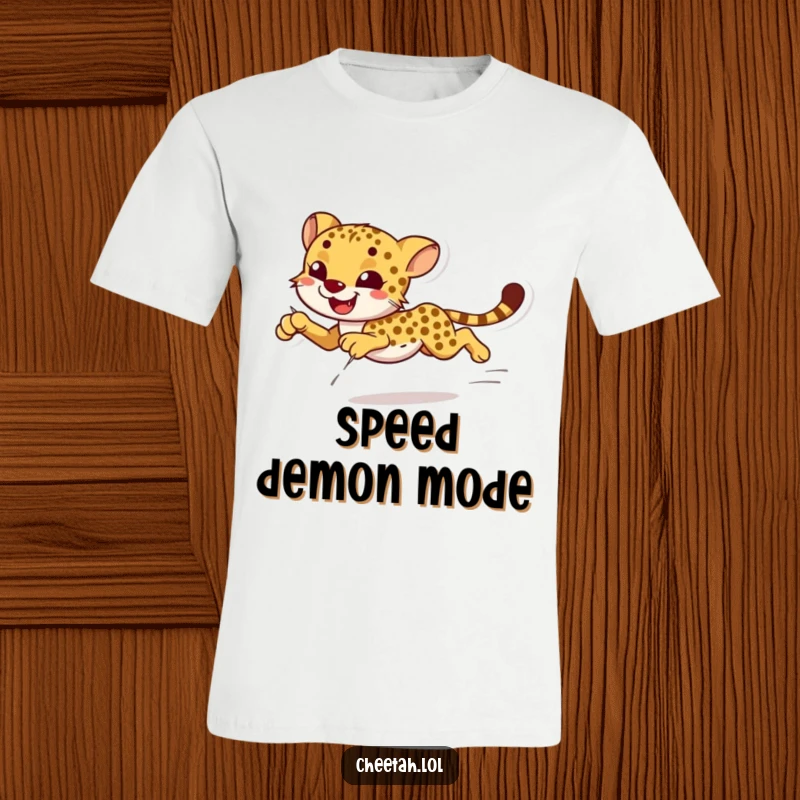 Funny smiling cheetah sprinting with effortless grace on a t-shirt, great for athletes and animal fans.