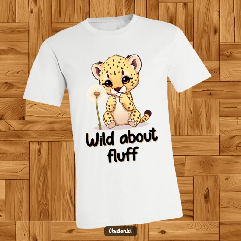 Funny t-shirt with a cheetah cub playfully batting at a fluffy dandelion, showcasing adorable animal antics and lighthearted fun.