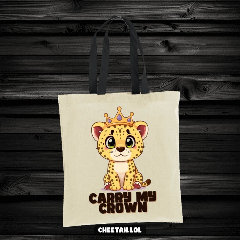 Funny cheetah cub tote bag featuring a crowned cub looking surprised with curious eyes, perfect for carrying items with a whimsical theme.