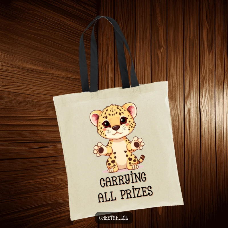 Funny cheetah cub with paws extended, presenting a prize on a tote bag, showcasing accomplishment and style.