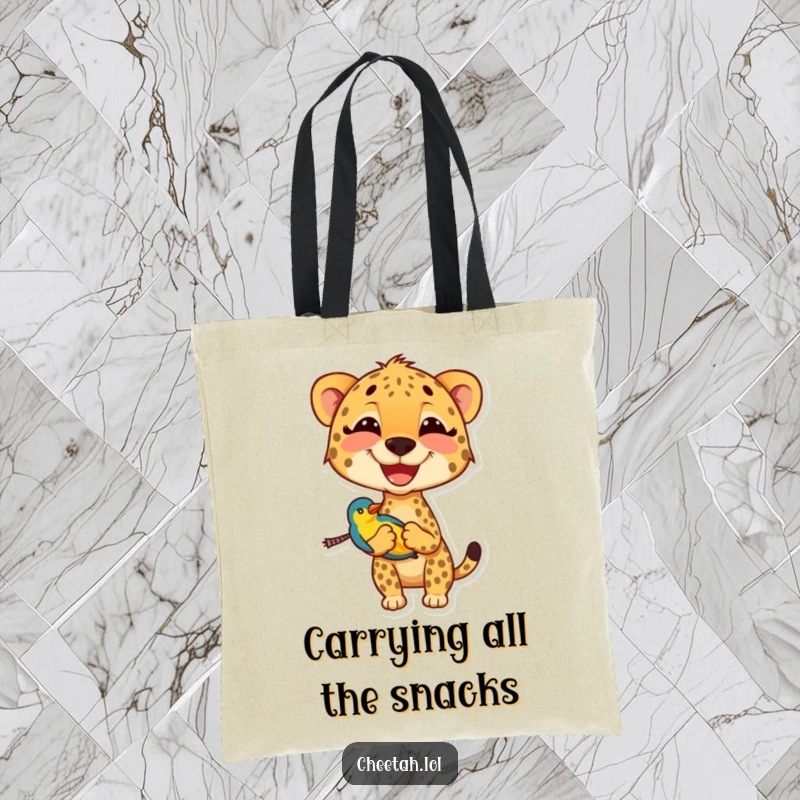 Funny cheetah tote bag vividly illustrated with a smiling cheetah carrying a small, colorful bird, showcasing a delightful animal friendship.