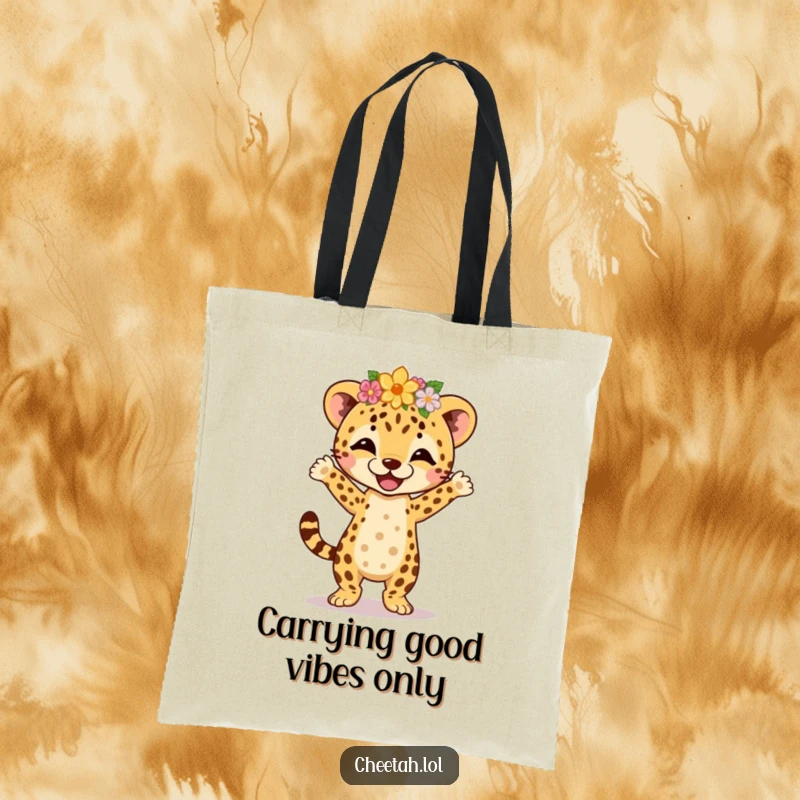 Funny cheetah cub wearing a flower crown, performing an energetic jig, designed on a durable tote bag for a stylish and cheerful look.
