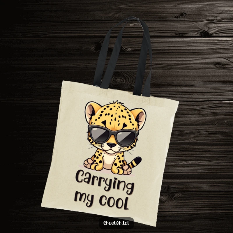 Funny cheetah cub tote bag featuring a cool cub wearing oversized sunglasses, perfect for shopping and daily use.