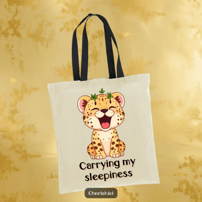 Funny Cheetah Cub Tote Bag: A small cheetah cub wearing a laurel wreath yawns widely, looking adorably triumphant and sleepy.