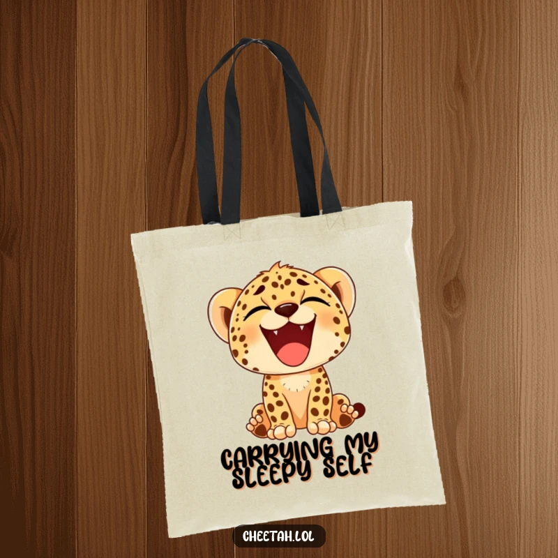 Funny tote bag with a cheetah cub displaying a massive, wide, happy yawn, exuding a sense of contentment and playfulness.
