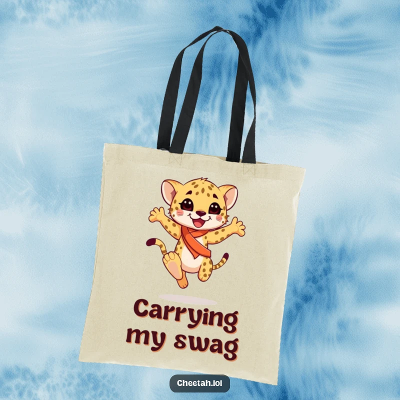 Funny happy cheetah cub wearing a sash, mid-graceful leap, on a sturdy tote bag, carrying joy and style, a funny gift.