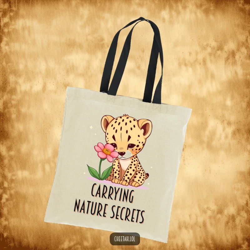 Funny cheetah cub tote bag with a curious cub sniffing a desert flower. Stylish and functional.
