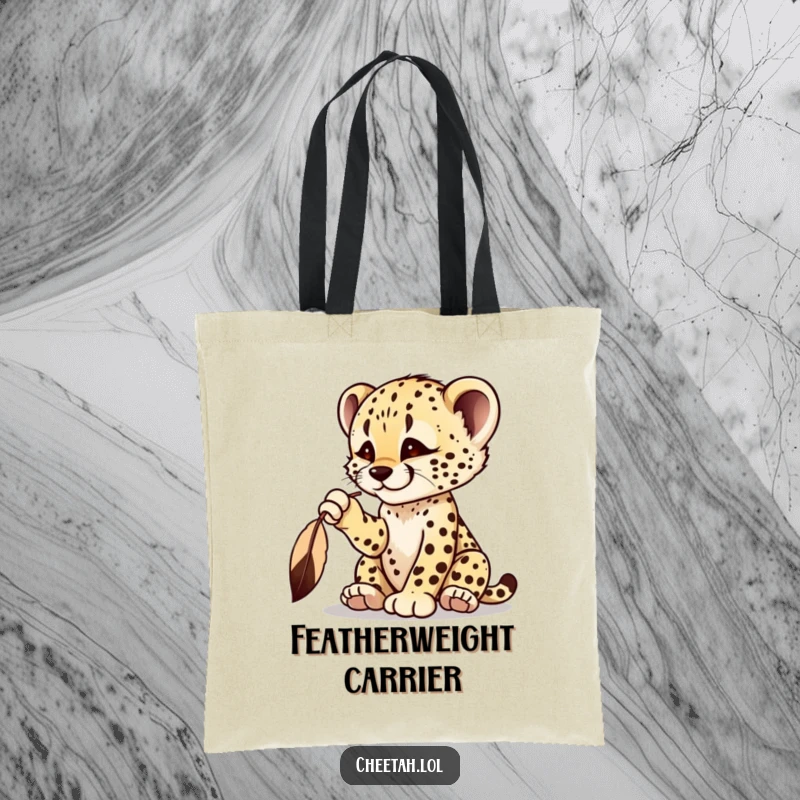 Funny cheetah cub tote bag with a playful cub batting at a dangling feather, embodying curiosity.