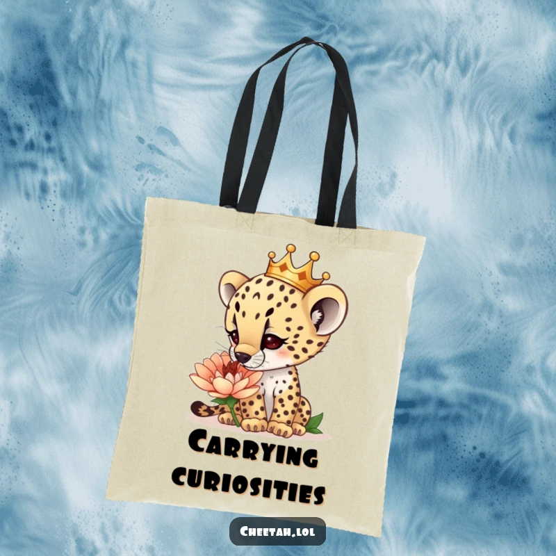 Funny curious cheetah cub wearing a tiny crown, sniffing a giant flower, on a sturdy tote bag, carrying nature’s wonders, a funny gift.