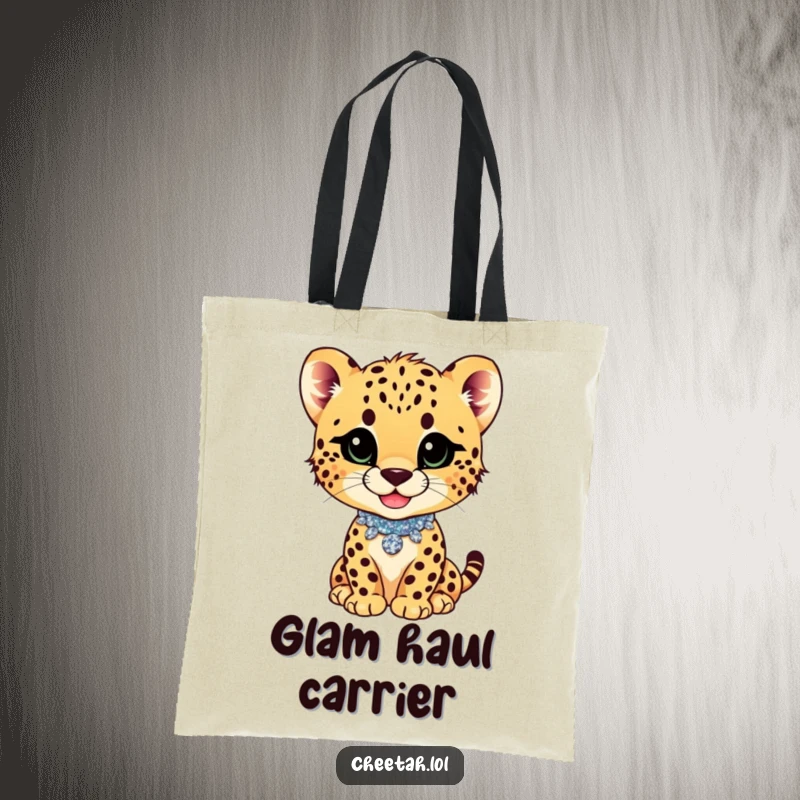 Funny cheetah cub with a playful smirk and glittery collar on a tote bag, perfect for carrying essentials.