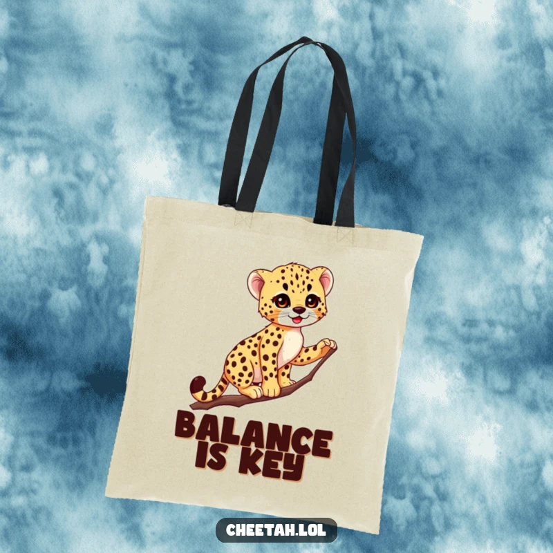 Funny Cheetah Cub Tote Bag: Cute spotted cub balances elegantly on a thin branch, ready for errands or jungle treks.